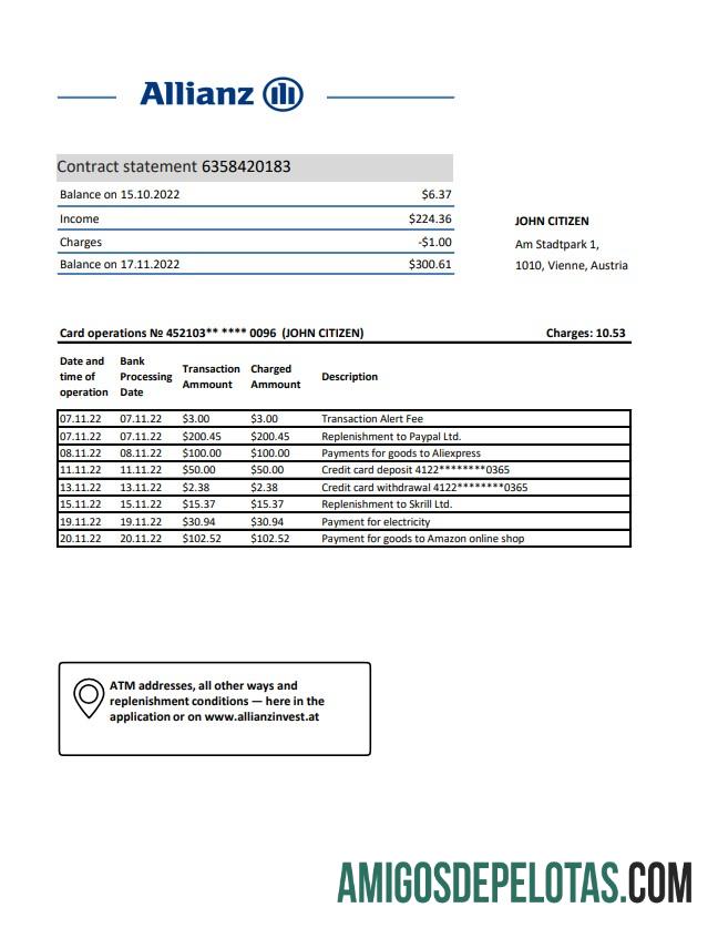 Modelo de extrato bancário do Austria Allianz Investment Bank